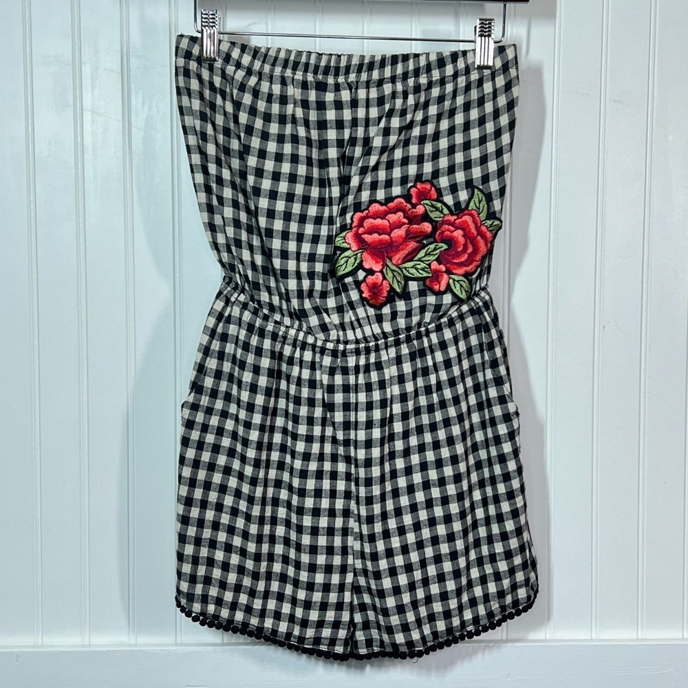 Everly Strapless Romper Twee Black White Gingham Checkered Floral Embroidered